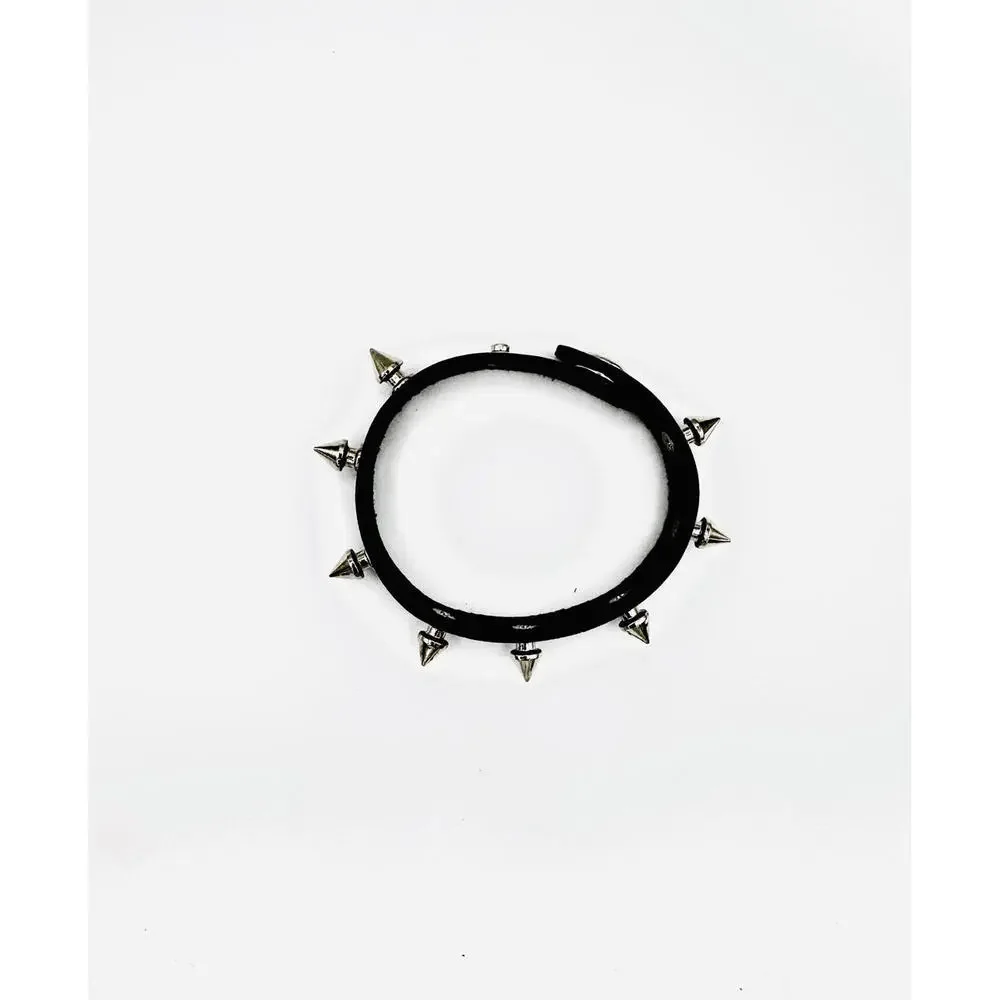 EMO bikers black leather silver tone spikes cuff wrap mens bracelet